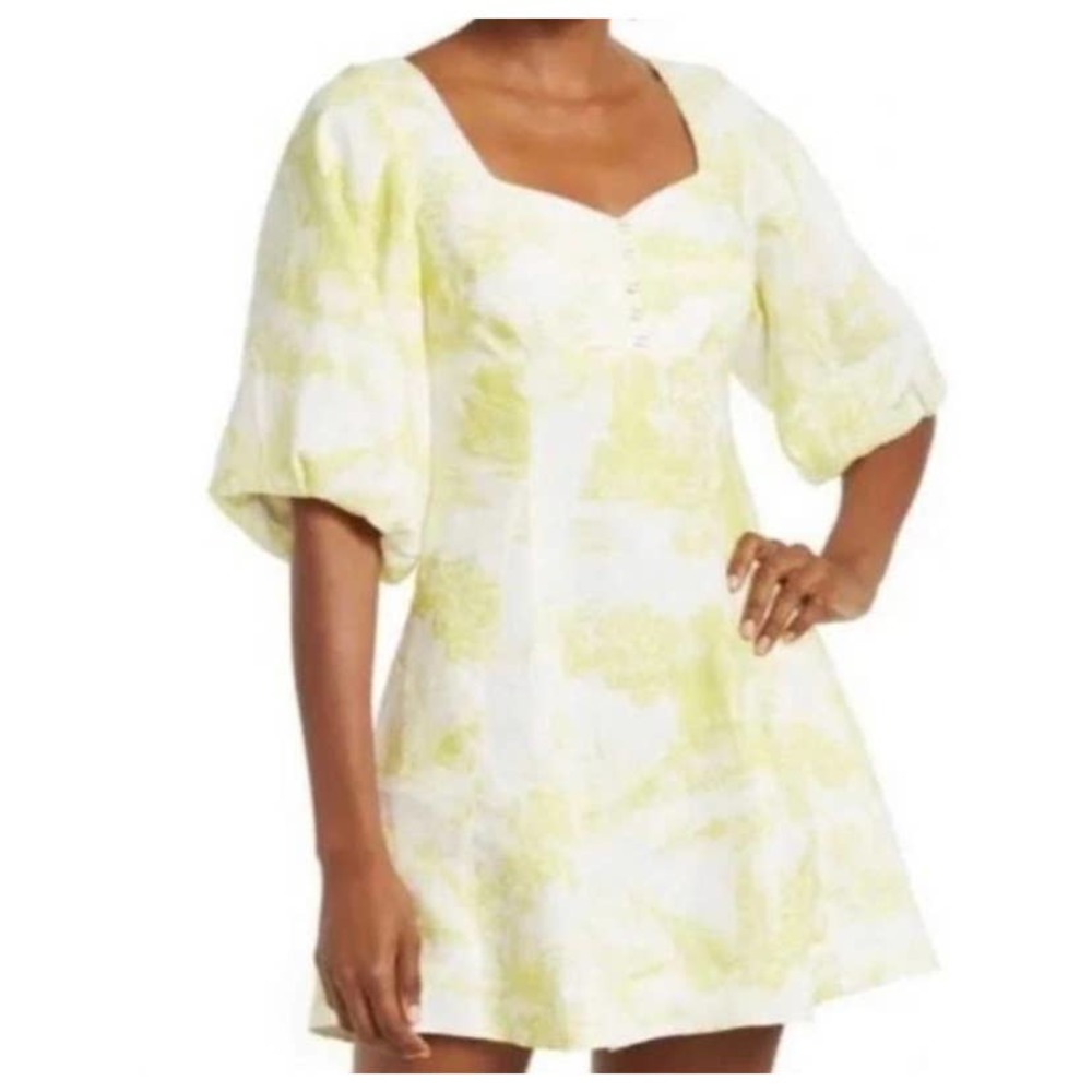 Nicholas Lydia Varley Toile Limeade Linen Short Sleeve Mini Dress 10 medium